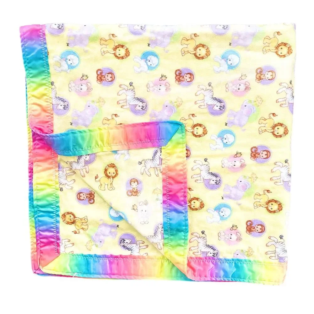 Vintage Handmade Precious Moments Animal Fleece Tie Dye Satin Trim Baby Blanket